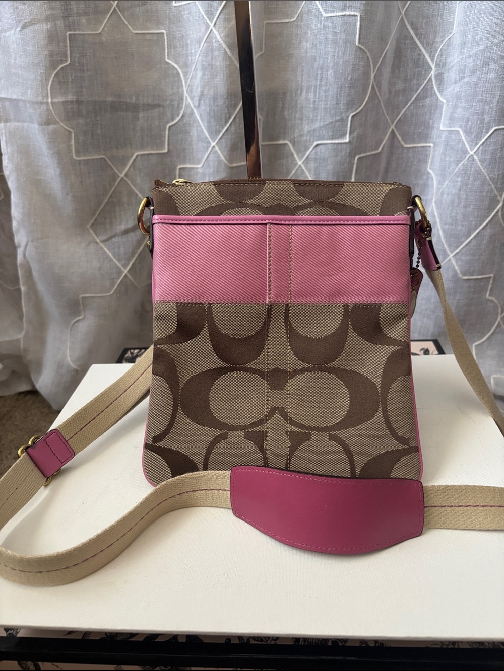 Coach Brown Signature Canvas Crossbody with Pink Trim Style #41207